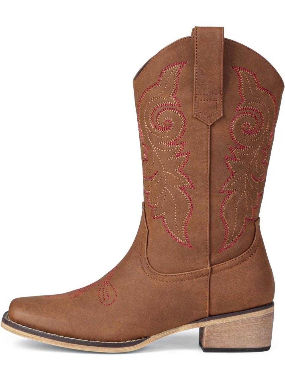 Women's Red Square Toe Mid Calf Embroidery Cowgirl Boots Low Chunky Heel Shoes - Picture 4 of 6